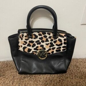 Michael Kors Black Leopard Trim Satchel Handbag Gold MK Logo